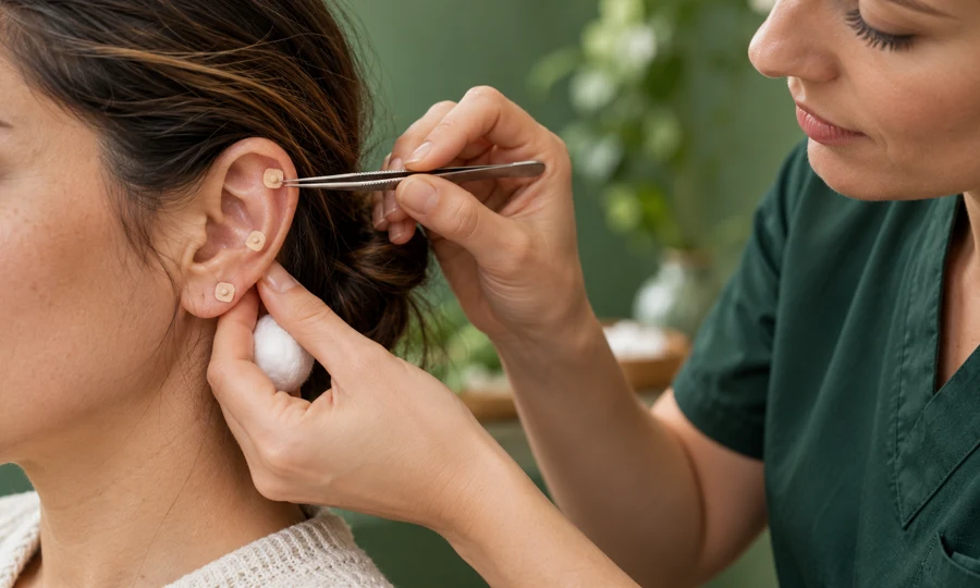 Imagem ilustrativa de aplicação de sementes de auriculoterapia na orelha